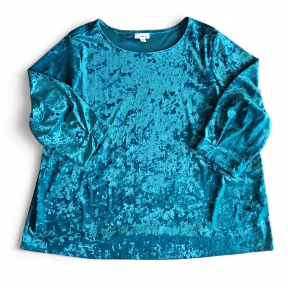 J. Jill 2X Crushed Velvet Top Teal Blue Holiday Blouse Luxe Stretch Velvet - Picture 5 of 14
